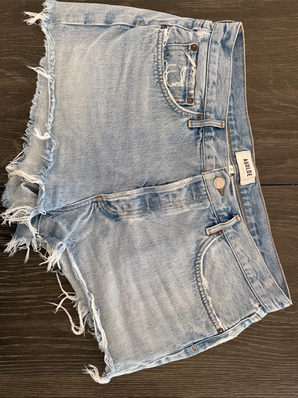 Agolde Light Wash Frayed Hem Denim Shorts